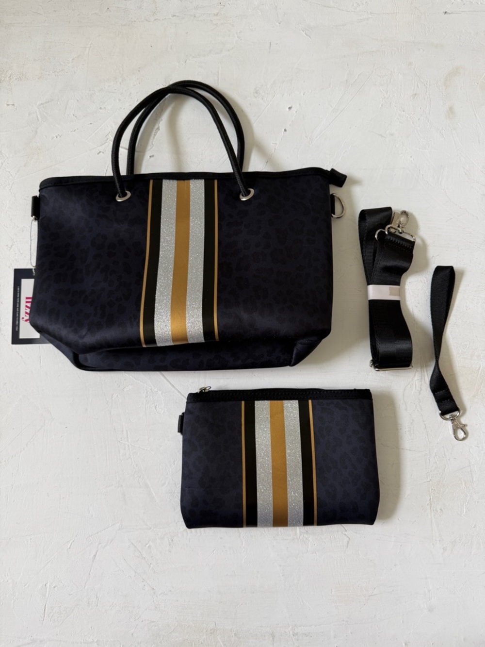 Taylor Gray The Lizzy Black Animal Print Neoprene Tote & Wristlet Set NWT